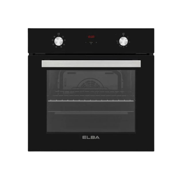 Elba 60cm built-in multifunction electric oven with modern black glass finish.