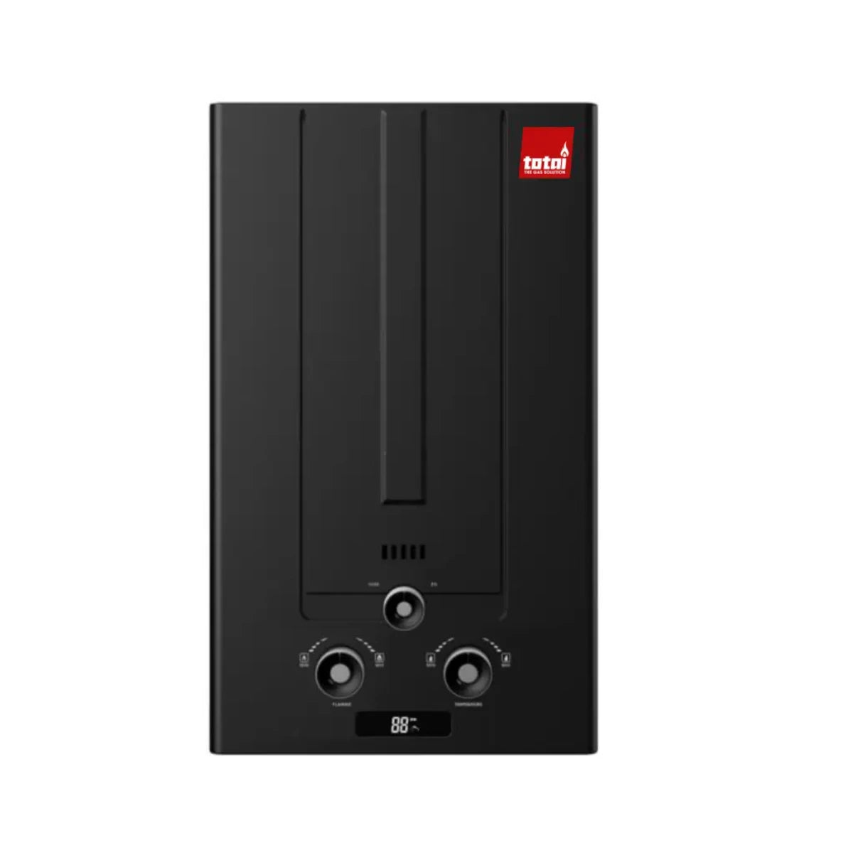 Totai Black gas water heater for low pressure systems with LED display and flu pipe