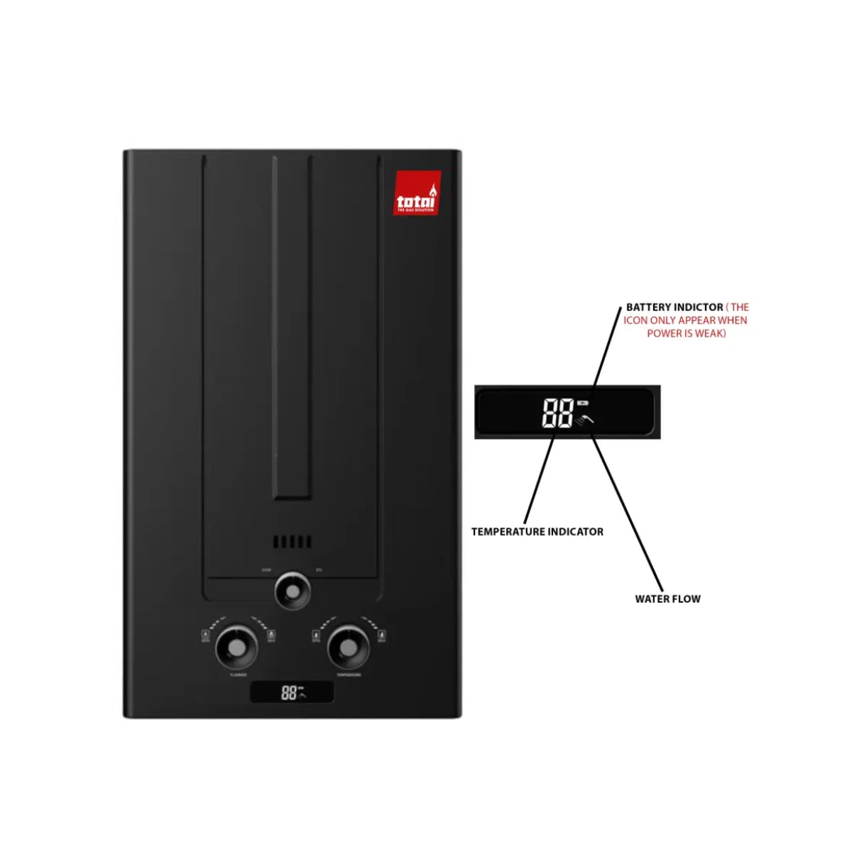 Totai Black gas water heater for low pressure systems with LED display and flu pipe