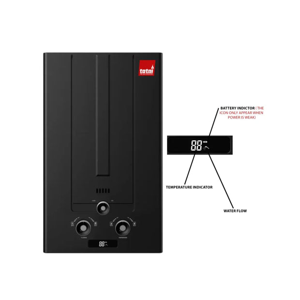Totai Black gas water heater for low pressure systems with LED display and flu pipe