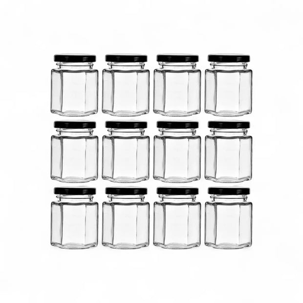 Regent Glass Hexagonal Jar With Black Lid 12 Pack - 85ml