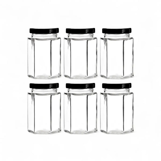 Regent Glass Hexagonal Jar With Black Lid 6 Pack - 730ml
