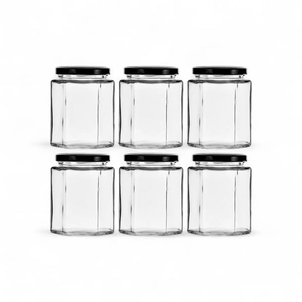Regent Glass Hexagonal Jar With Black Lid 6 Pack - 280ml