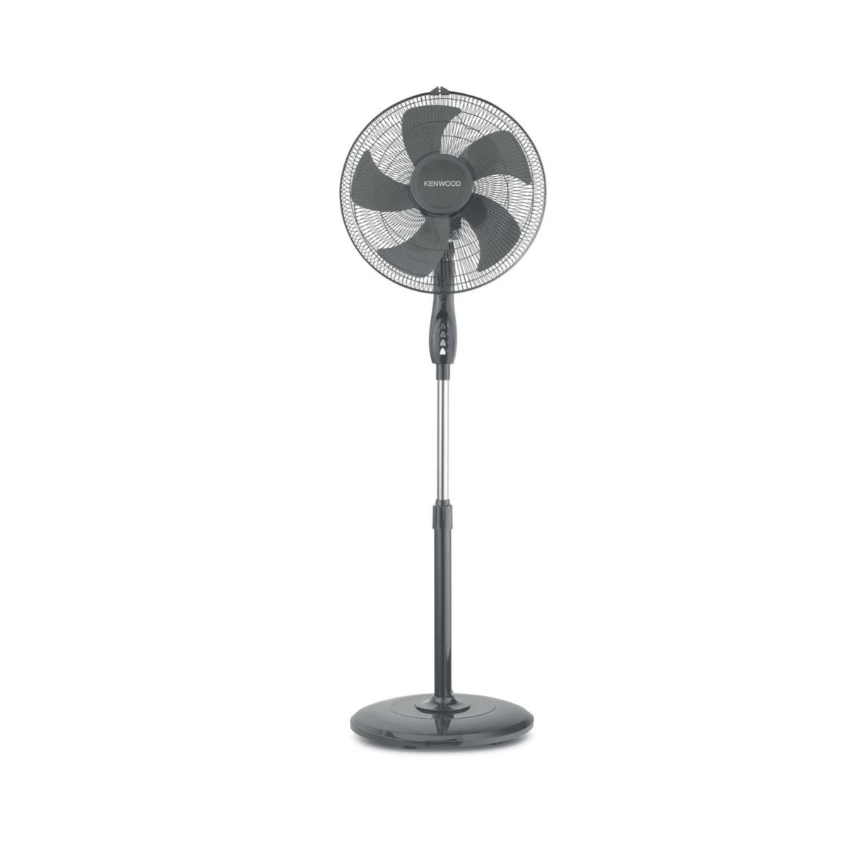 Kenwood IFP55 silver and black 16 inch standing fan with adjustable height and wide base.