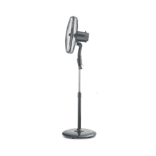Kenwood IFP55 silver and black 16 inch standing fan with adjustable height and wide base.