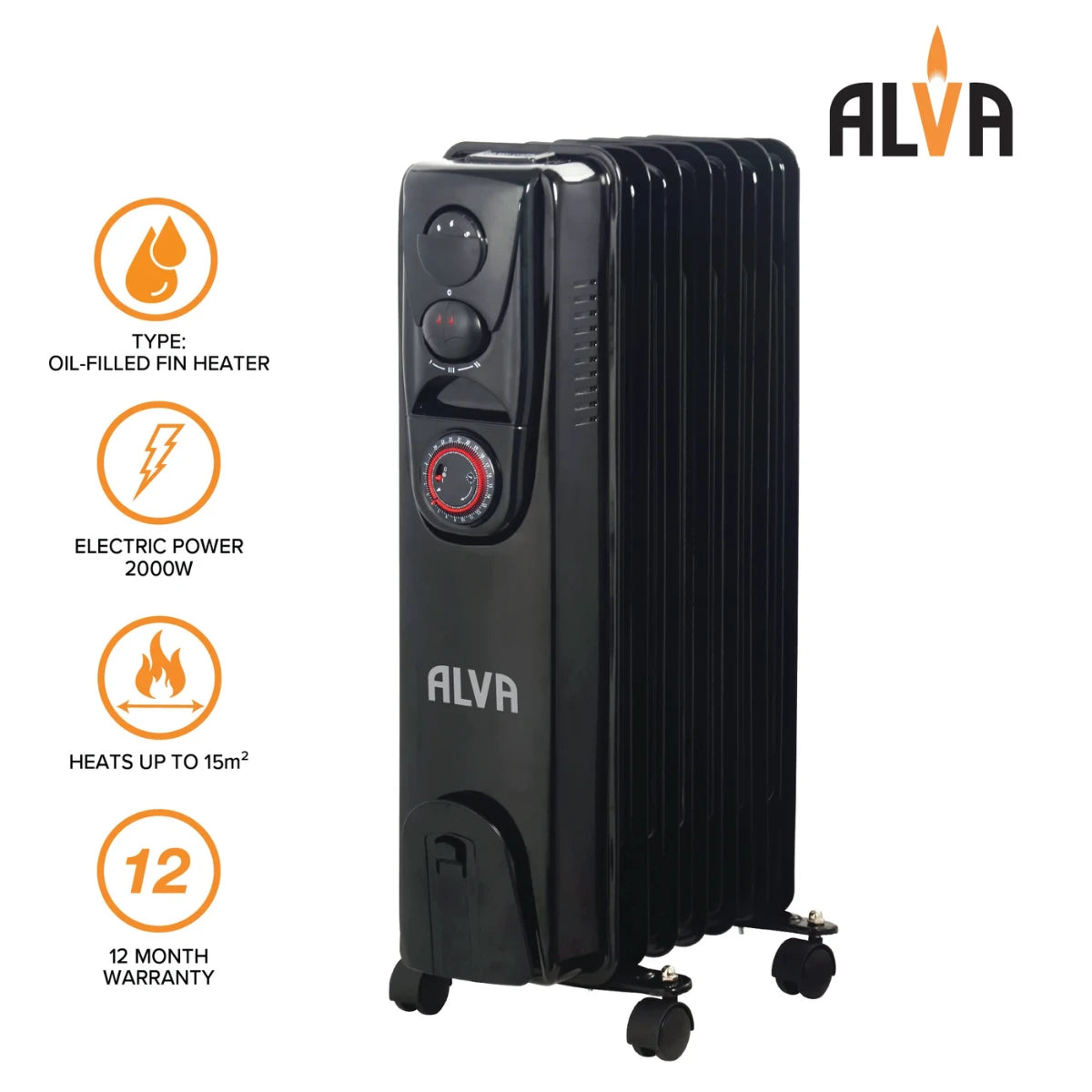 9 Fins 2000W Oil Filled Heater - Timer Function - Glossy Black