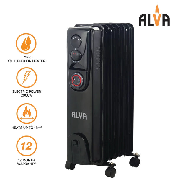 9 Fins 2000W Oil Filled Heater - Timer Function - Glossy Black