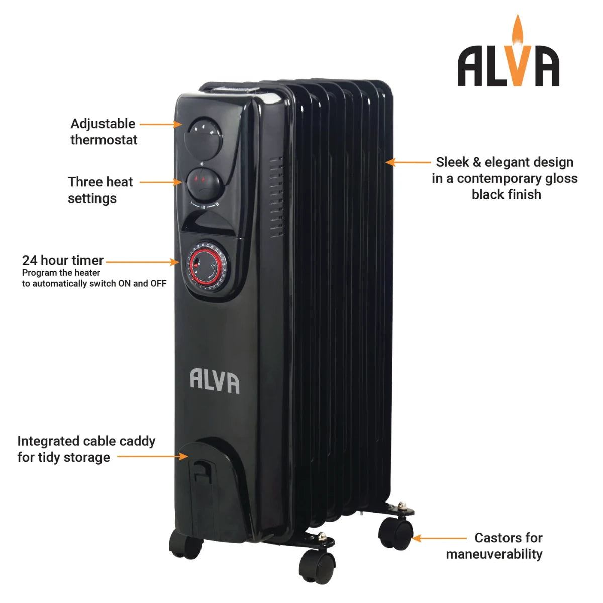 9 Fins 2000W Oil Filled Heater - Timer Function - Glossy Black