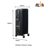 9 Fins 2000W Oil Filled Heater - Timer Function - Glossy Black