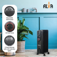 9 Fins 2000W Oil Filled Heater - Timer Function - Glossy Black