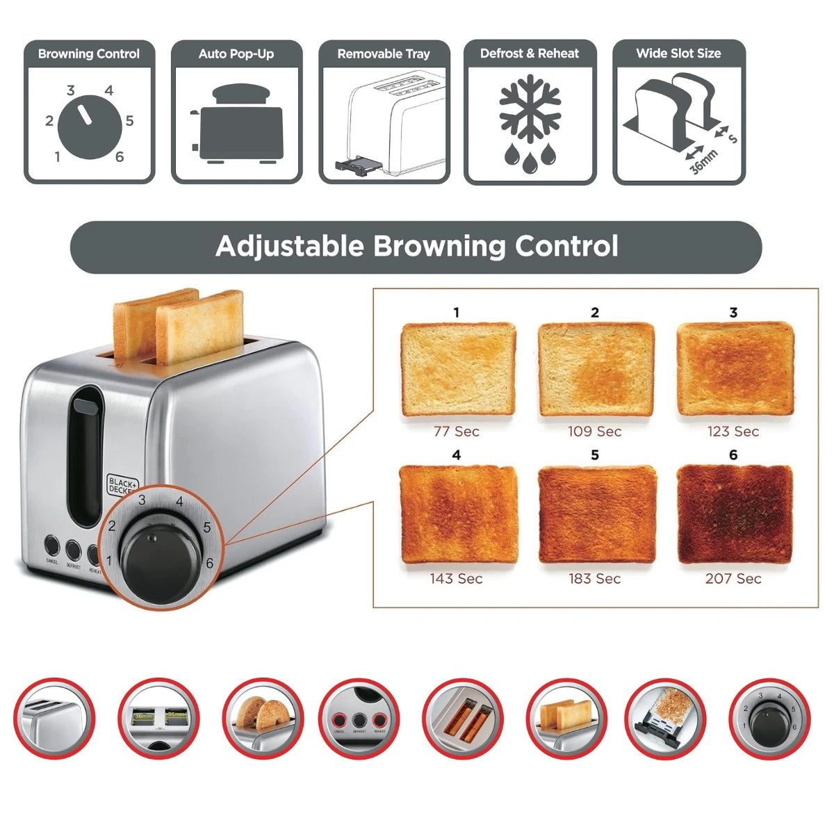 Black & Decker 1050W 2 Slice Stainless Steel Toaster ET244-B5