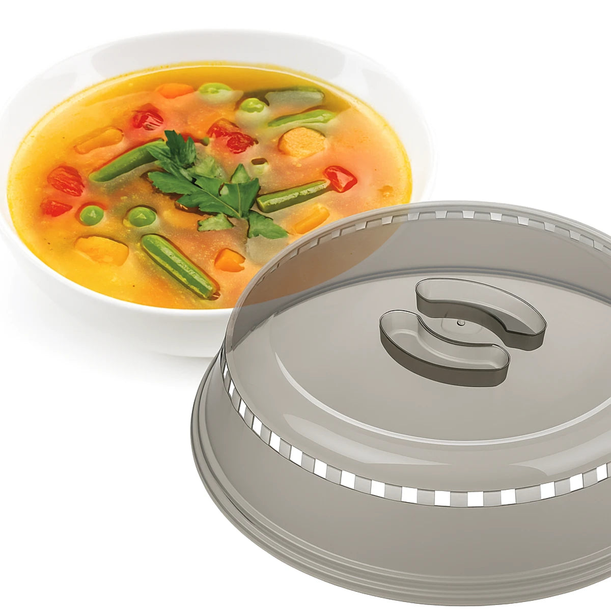Creative Cooking transparent microwave plate cover with steam vents, 26cm diameter.