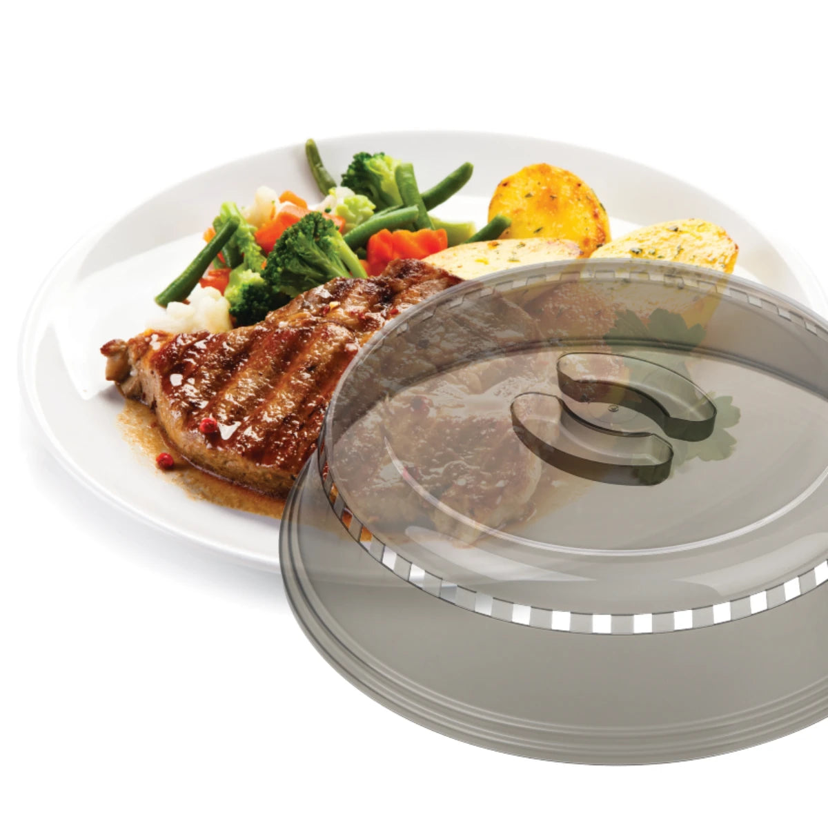 Creative Cooking transparent microwave plate cover with steam vents, 26cm diameter.