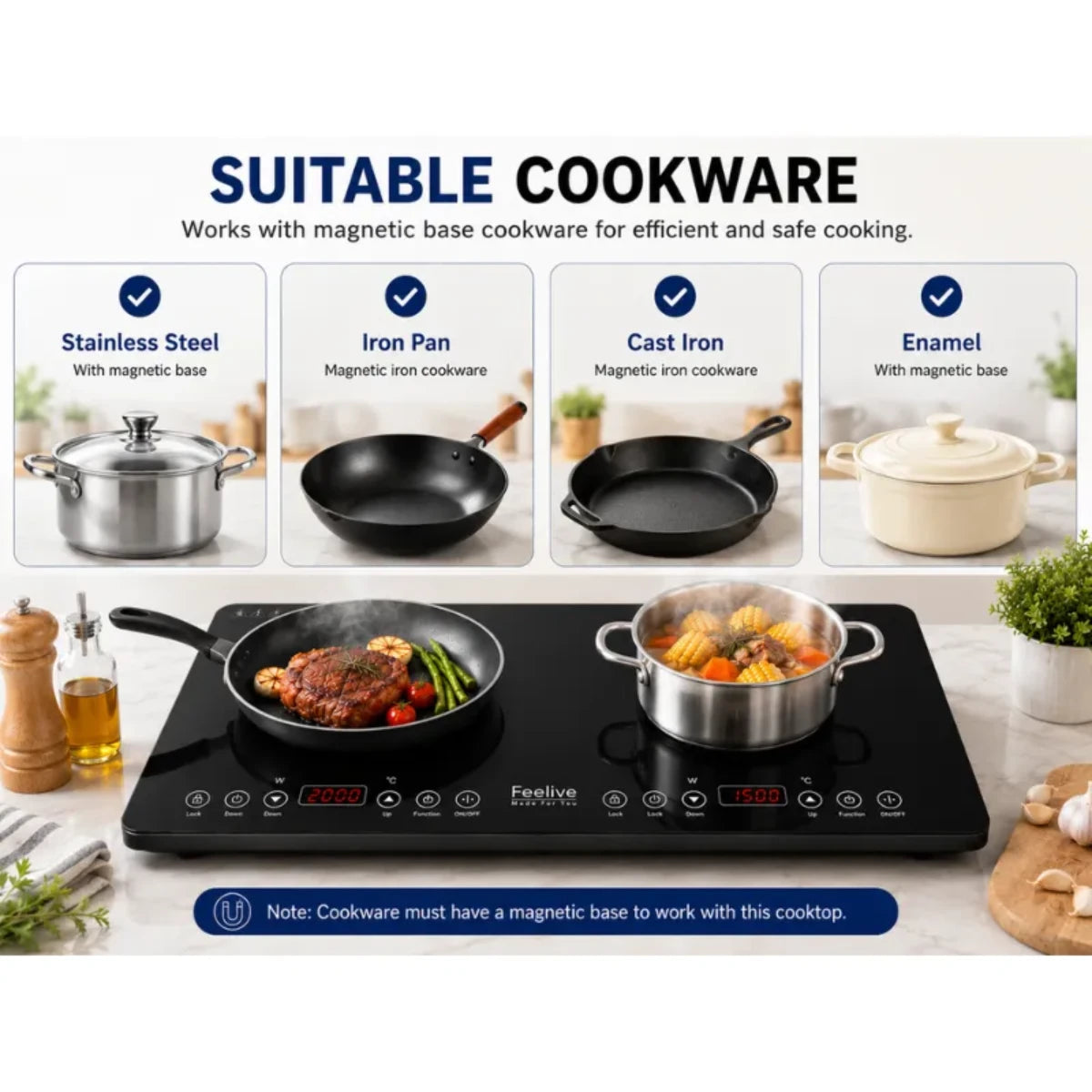 Feelive 2000W Double Portable Induction Cooktop Touch Control Black