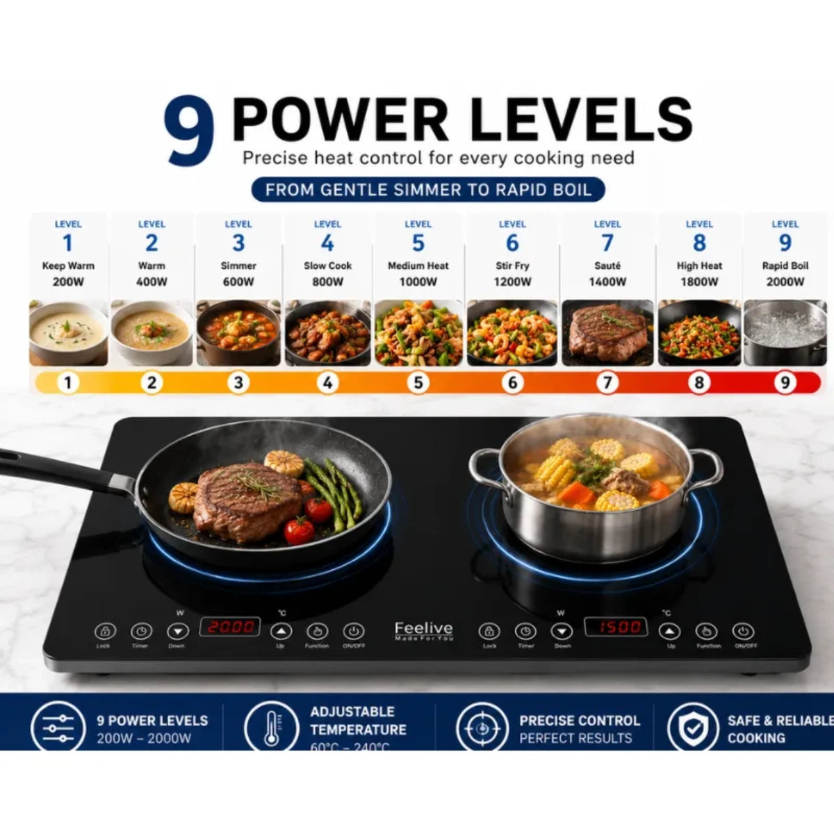 Feelive 2000W Double Portable Induction Cooktop Touch Control Black
