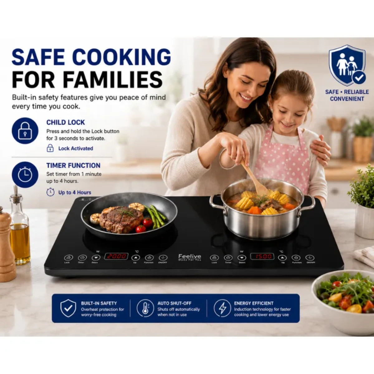 Feelive 2000W Double Portable Induction Cooktop Touch Control Black