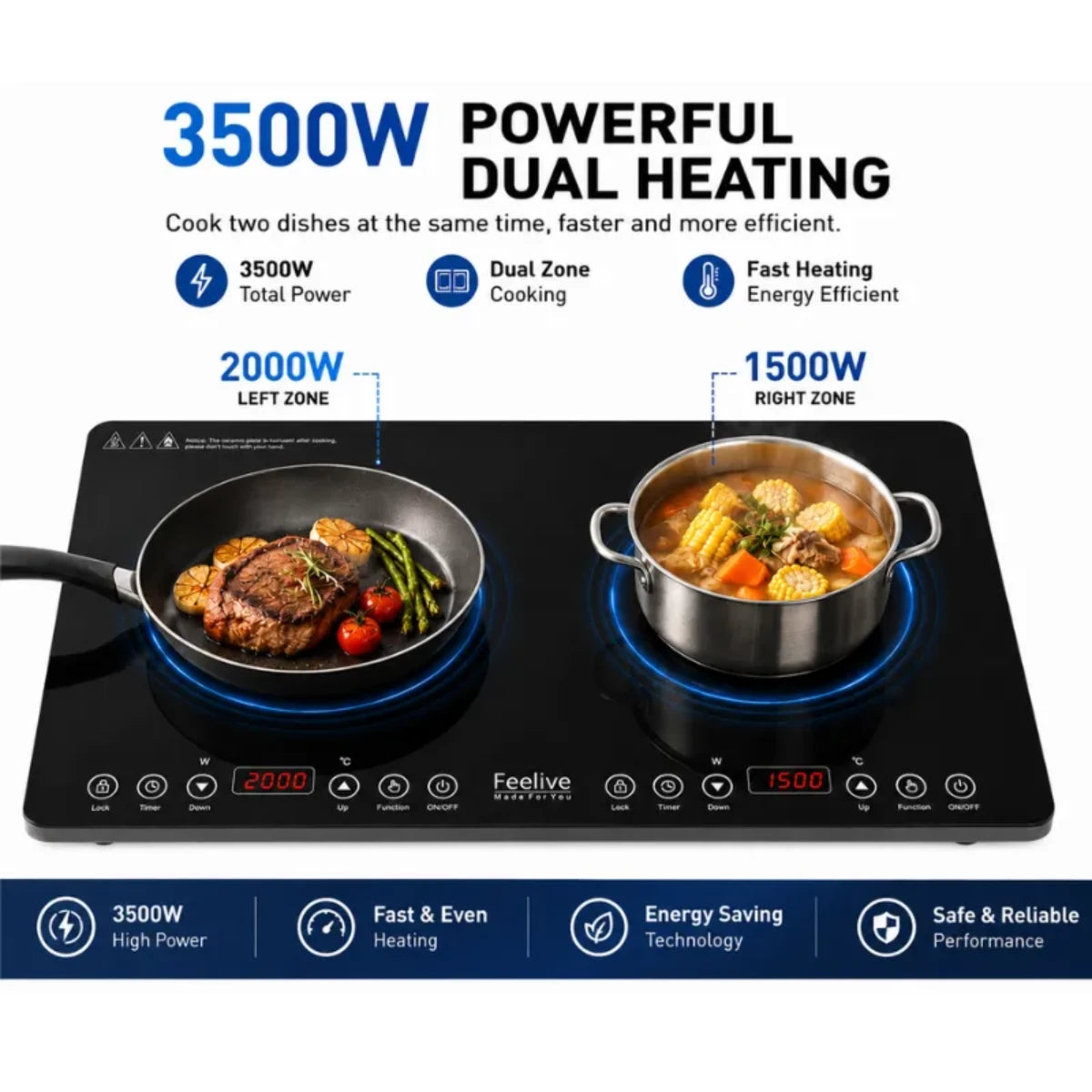Feelive 2000W Double Portable Induction Cooktop Touch Control Black