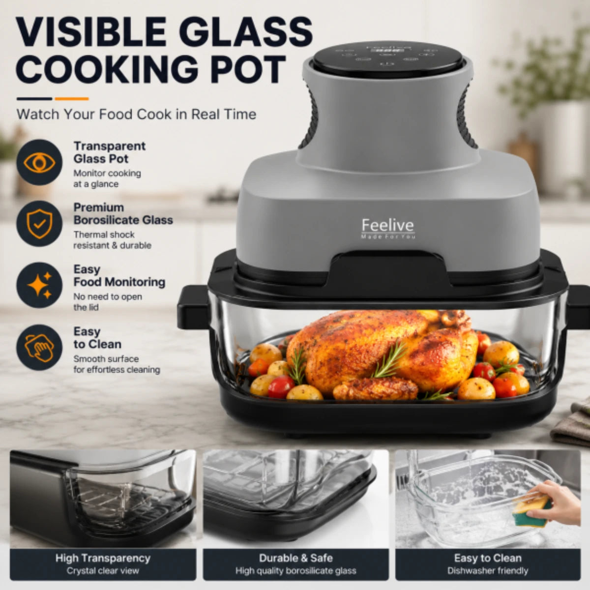 Feelive 4-in-1 Crispy Dual Glass Digital Air Fryer 4L + 1.5L 1500W AF534T