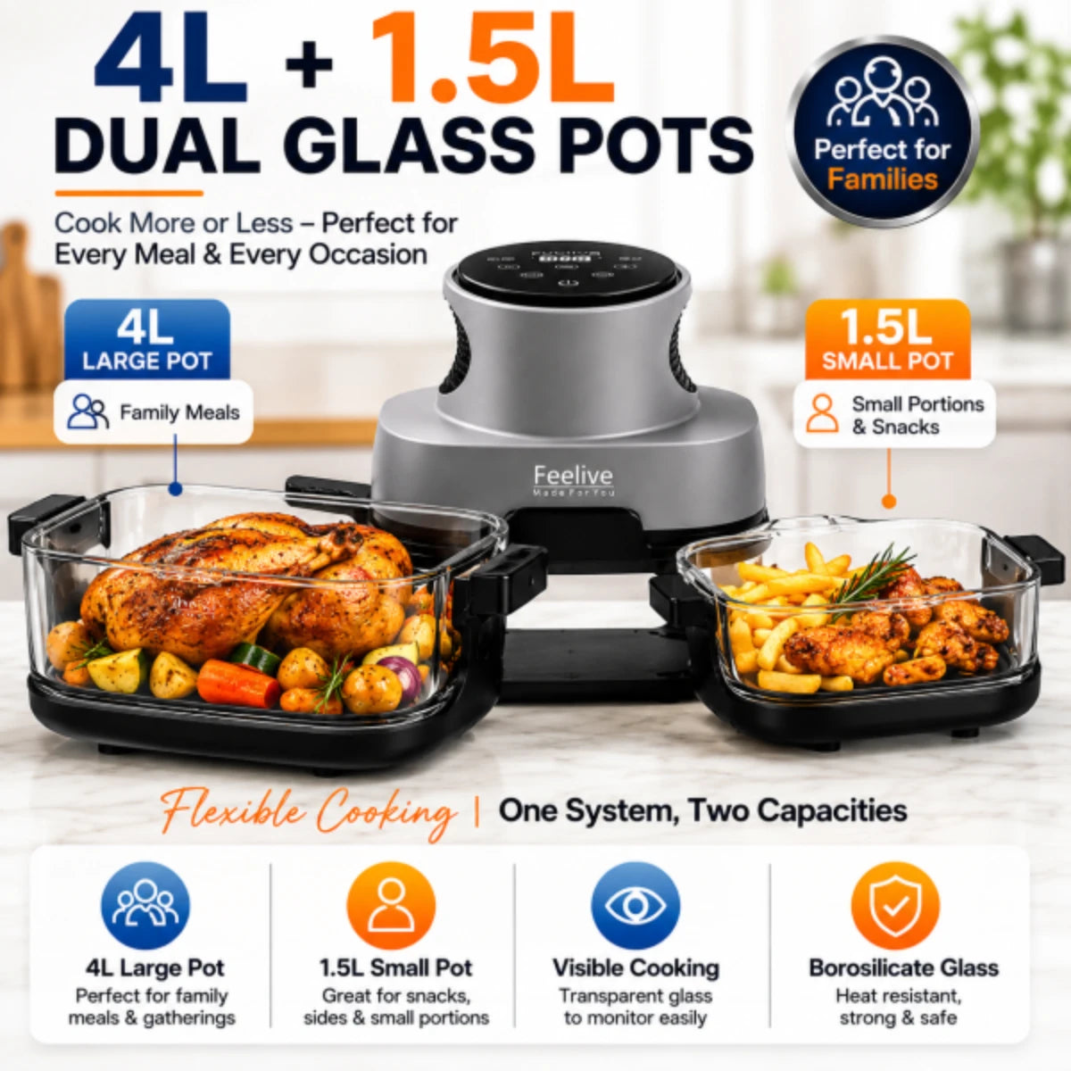 Feelive 4-in-1 Crispy Dual Glass Digital Air Fryer 4L + 1.5L 1500W AF534T