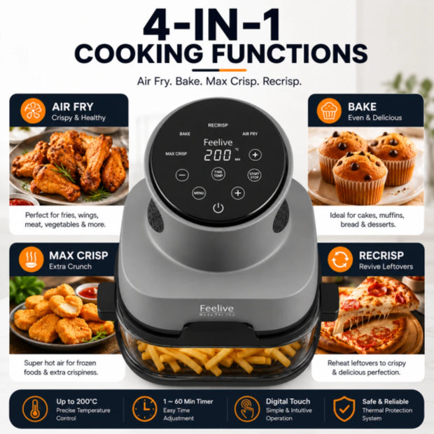 Feelive 4-in-1 Crispy Dual Glass Digital Air Fryer 4L + 1.5L 1500W AF534T
