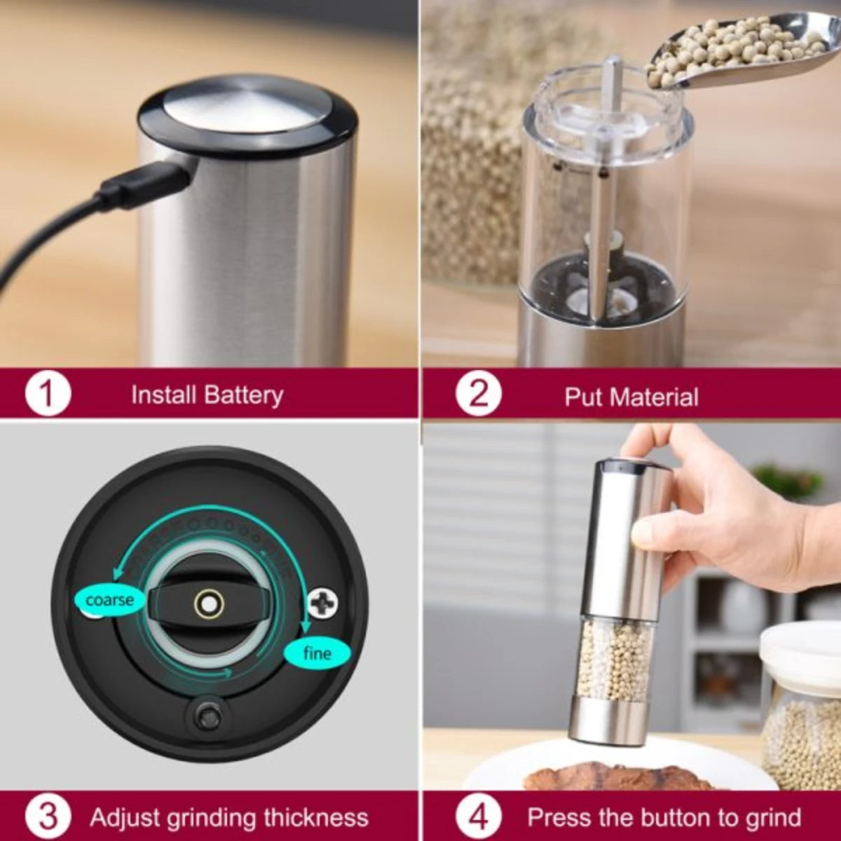 Feelive Rechargeable Pepper & Salt Grinder 2 Pack with Stand