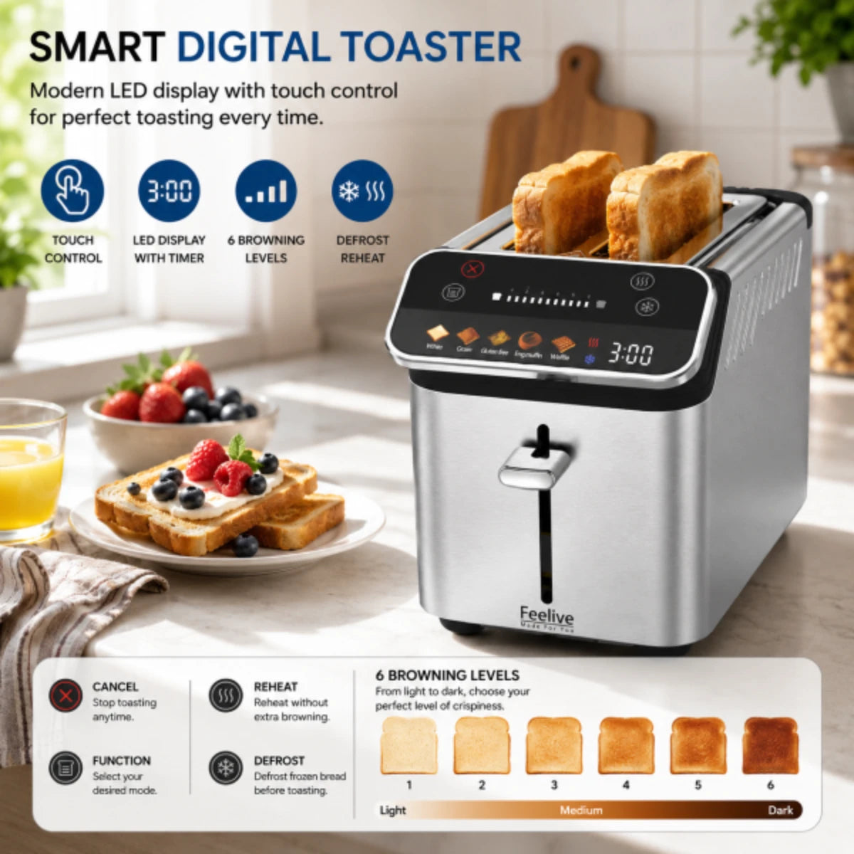 Feelive Stainless Steel 2 Slice Digital Smart Toaster