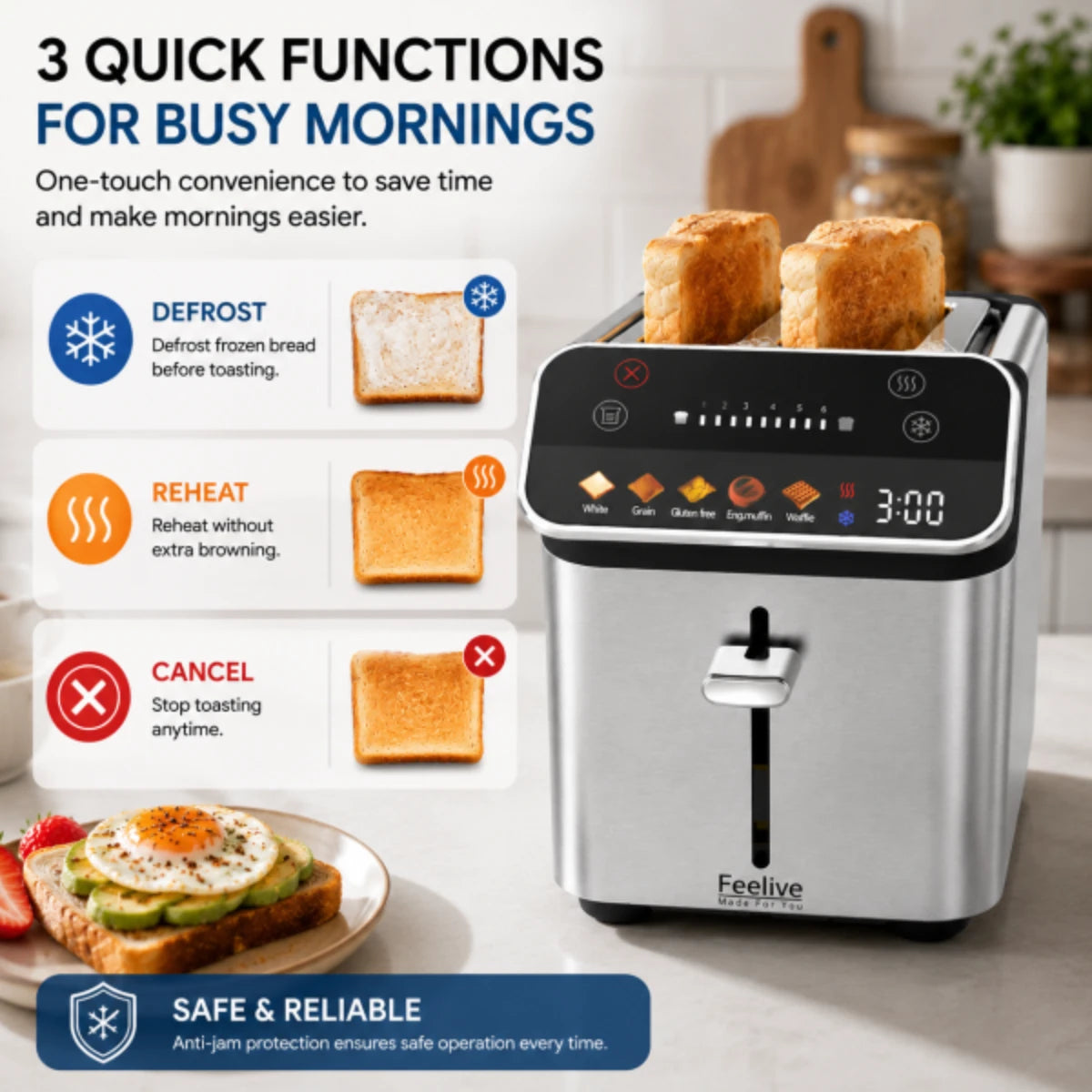 Feelive Stainless Steel 2 Slice Digital Smart Toaster