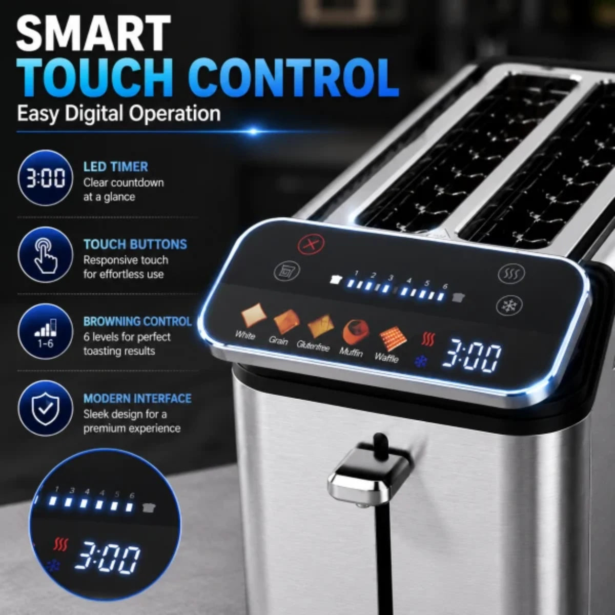 Feelive Stainless Steel 4 Slice Digital Smart Toaster KST088