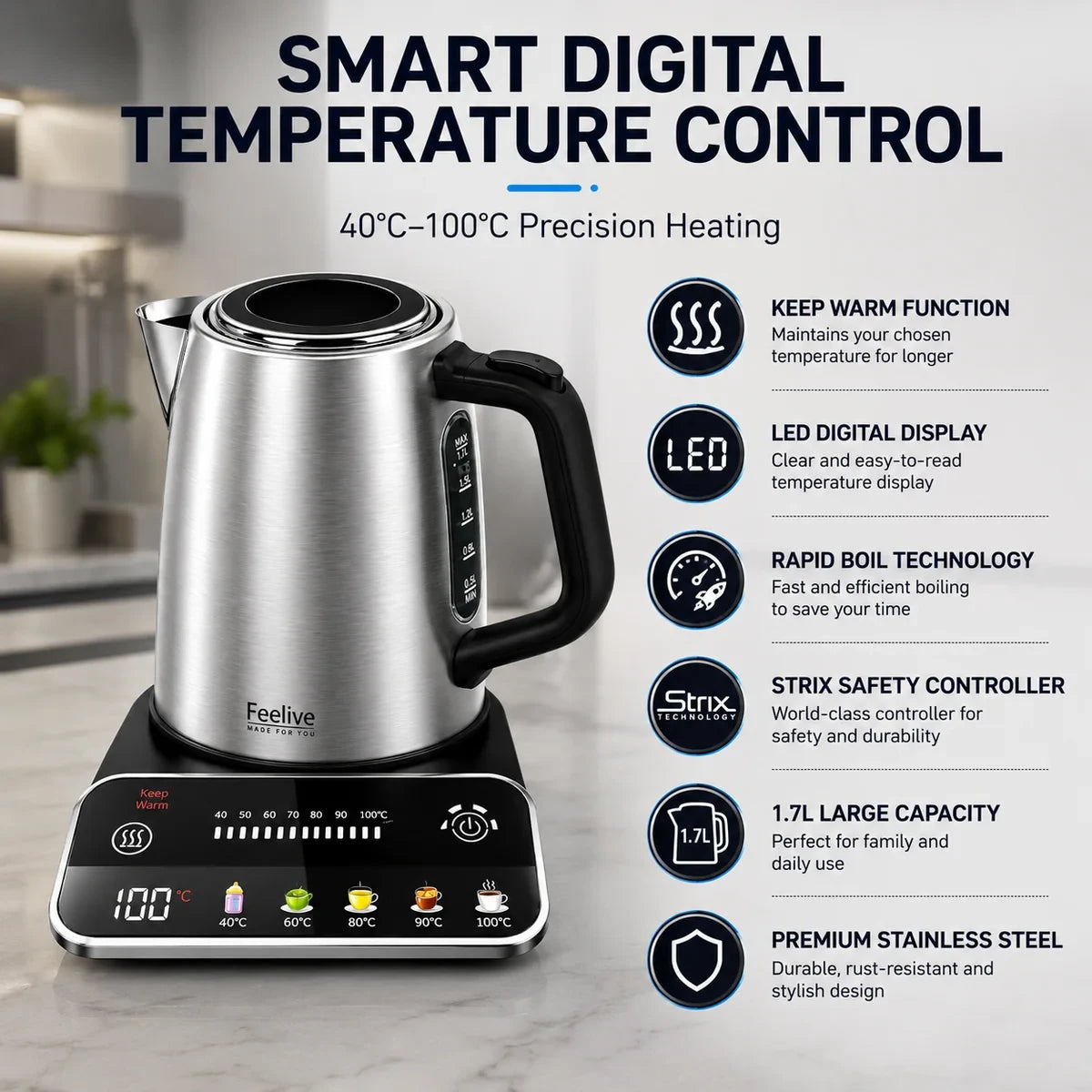 Feelives Stainless Steel Smart Digital Kettle 1.7L  KSK080