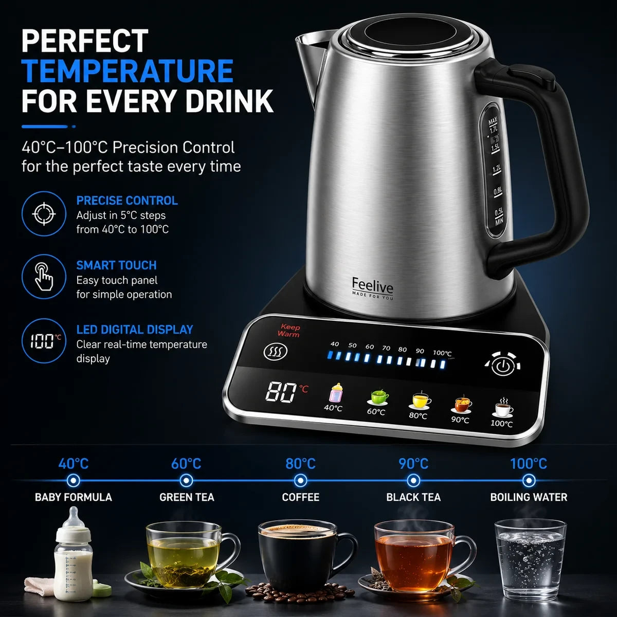 Feelives Stainless Steel Smart Digital Kettle 1.7L  KSK080