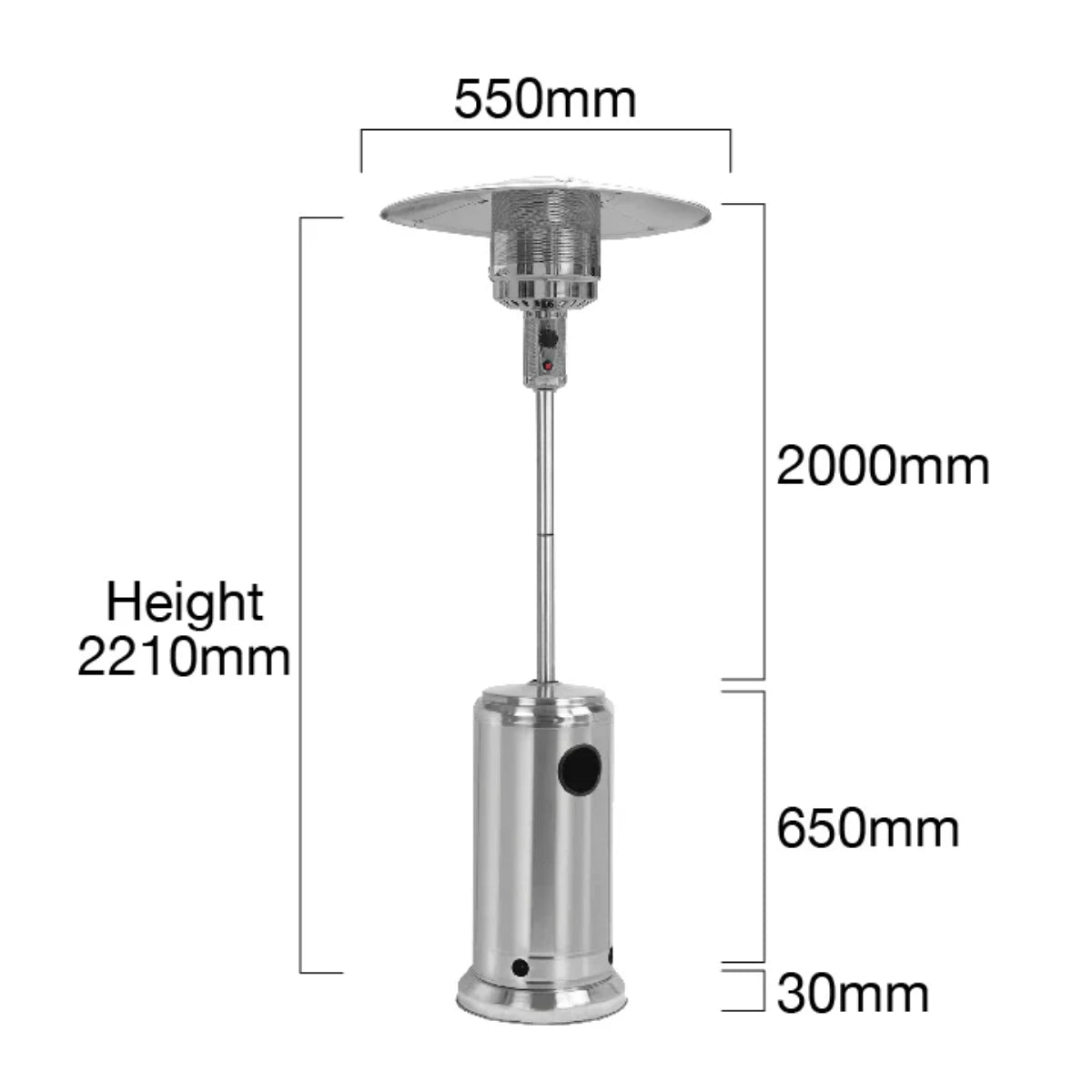 Alva GHP18 Polished Stainless Steel Outdoor Gas Heater with Split Pole and Mushroom Head.