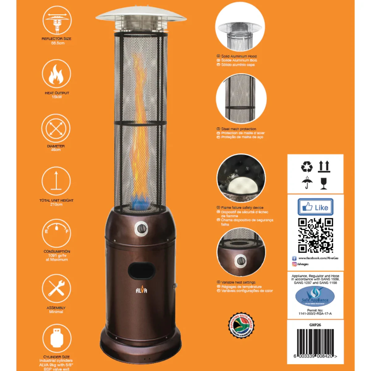 Alva GHP26 Hammertone Grey Pyramid Flame Patio Heater with Quartz Glass Tube and Safety Grille.