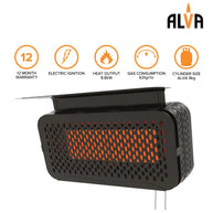 Alva GHP50 Black Wall-Mounted Gas Heater with Adjustable Bracket and Stainless Steel Mesh.
