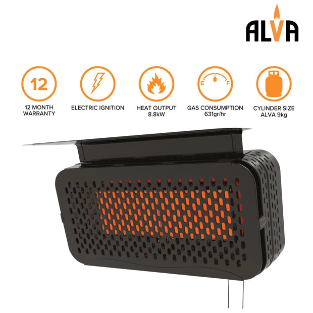 Alva GHP50 Black Wall-Mounted Gas Heater with Adjustable Bracket and Stainless Steel Mesh.