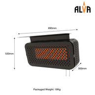 Alva GHP50 Black Wall-Mounted Gas Heater with Adjustable Bracket and Stainless Steel Mesh.