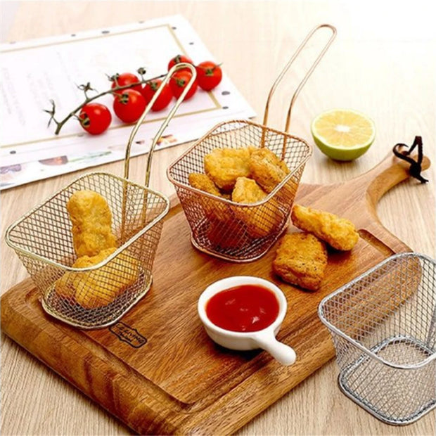 Small gold wire mesh chip fryer serving basket for fries and appetizers.