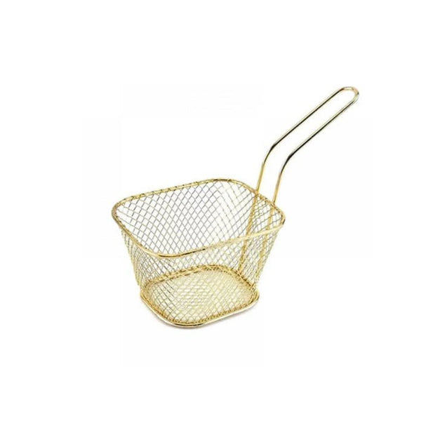 Small gold wire mesh chip fryer serving basket for fries and appetizers.