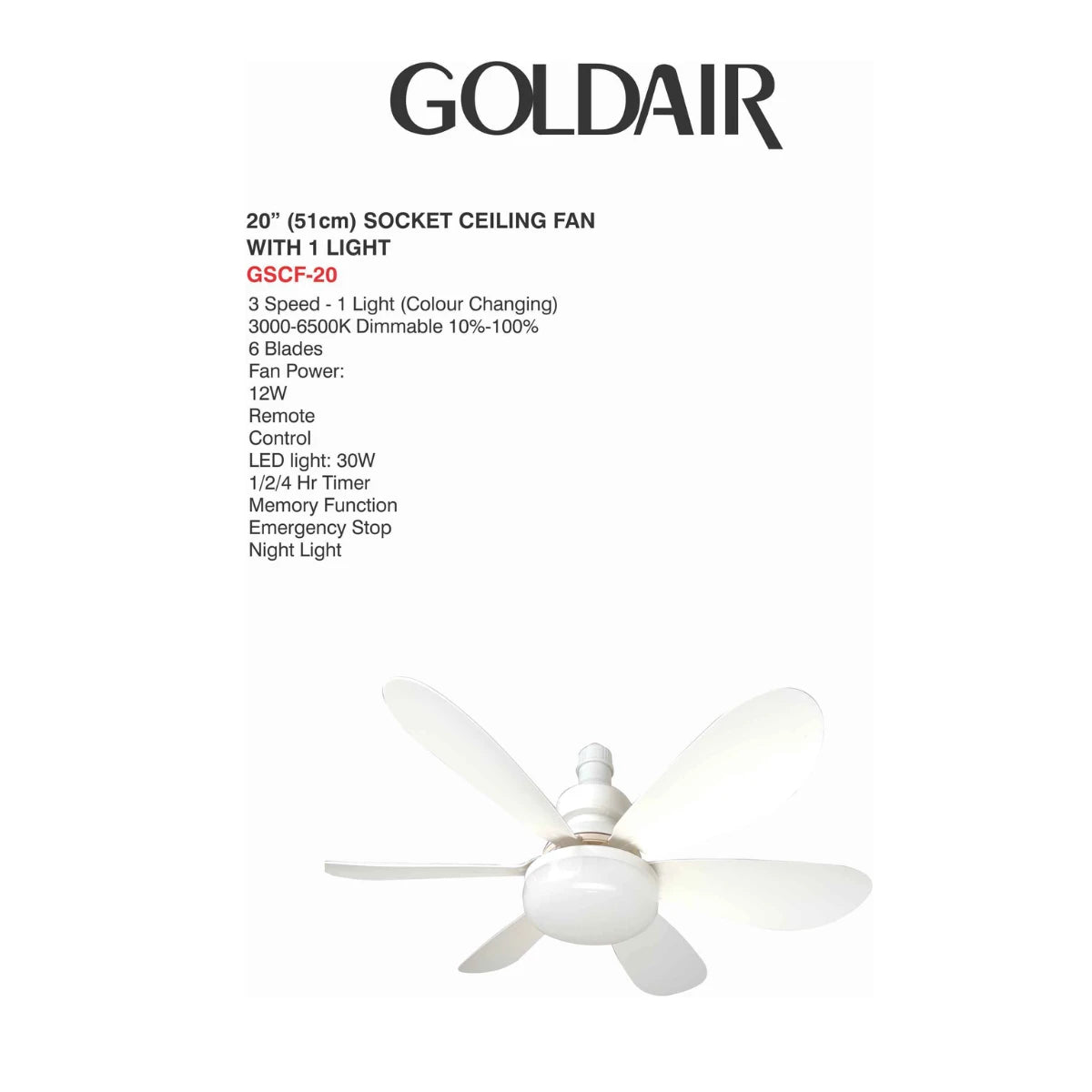 Goldair 20 Inch Socket Ceiling Fan