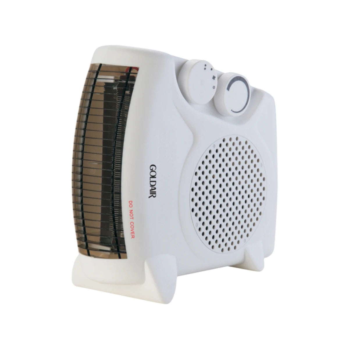 Goldair GFH-7000 white electric fan heater used in horizontal and vertical positions