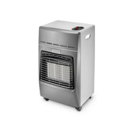 De'Longhi grey infrared gas heater with three ceramic panels and safety grill