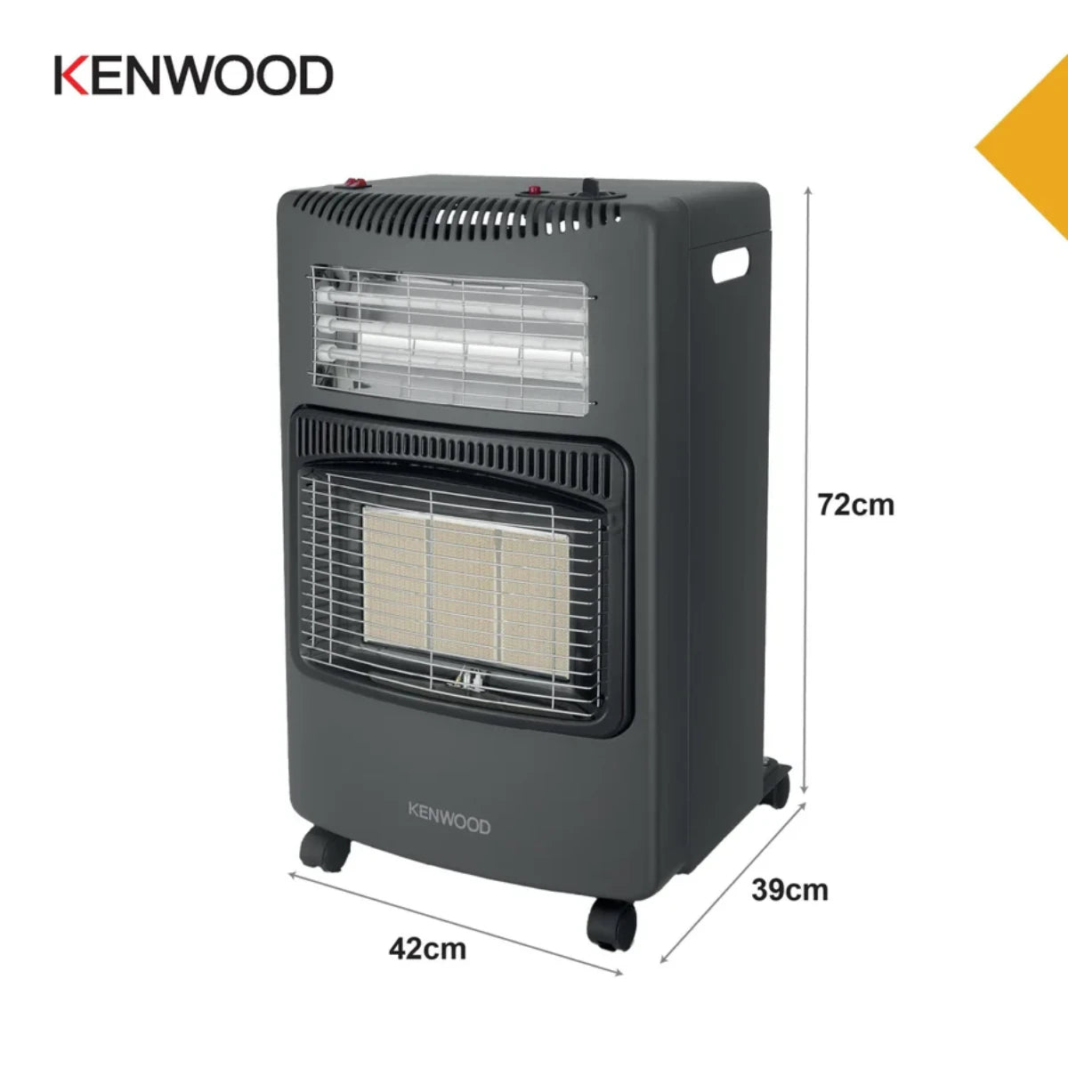 Kenwood black hybrid heater with 3 gas panels and 3 electric quartz bars