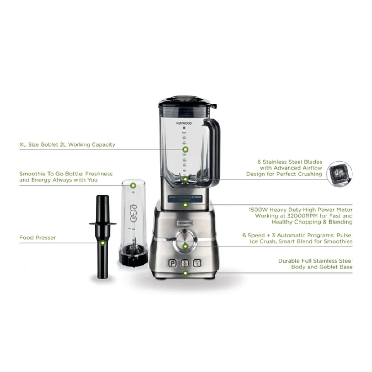 Kenwood High Power Blender with Smoothie Bottle - BLM91.640SS