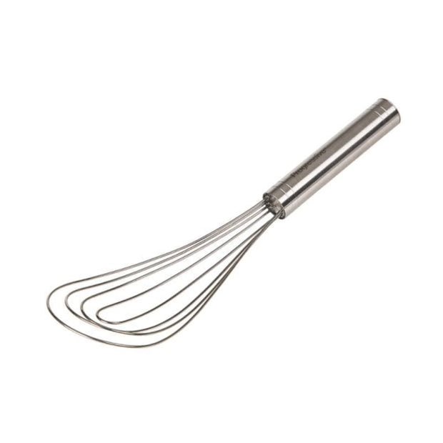 Progressive 10 inch flat whisk made of chrome plated steel wire for mixing sauces.