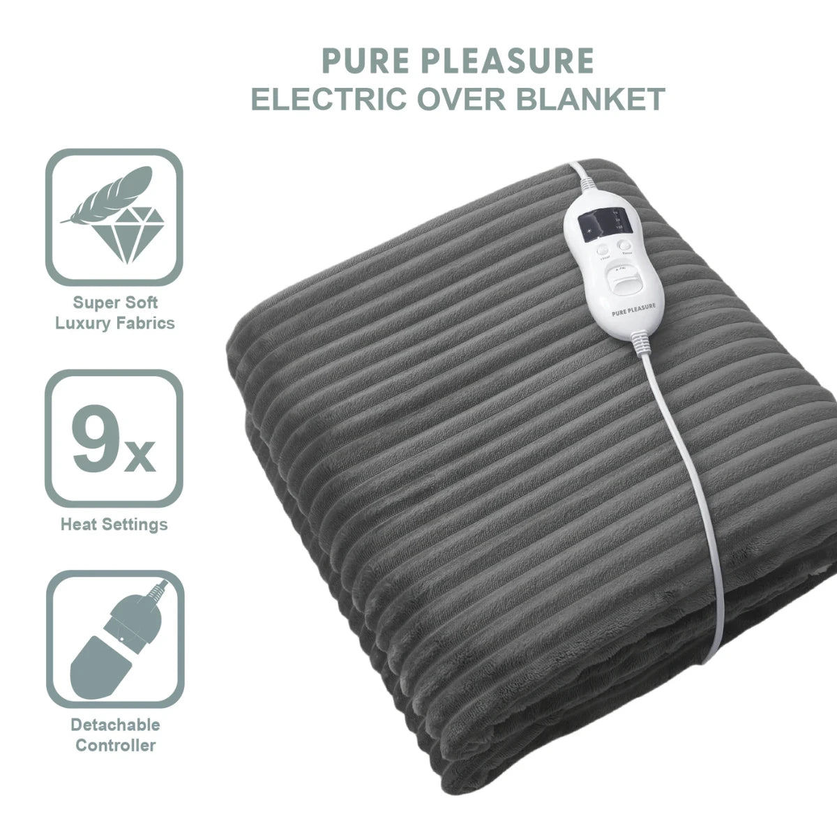 Pure Pleasure PHP006 Striped Grey Flannel Fleece Heated Throw Overblanket with Digital Controller.