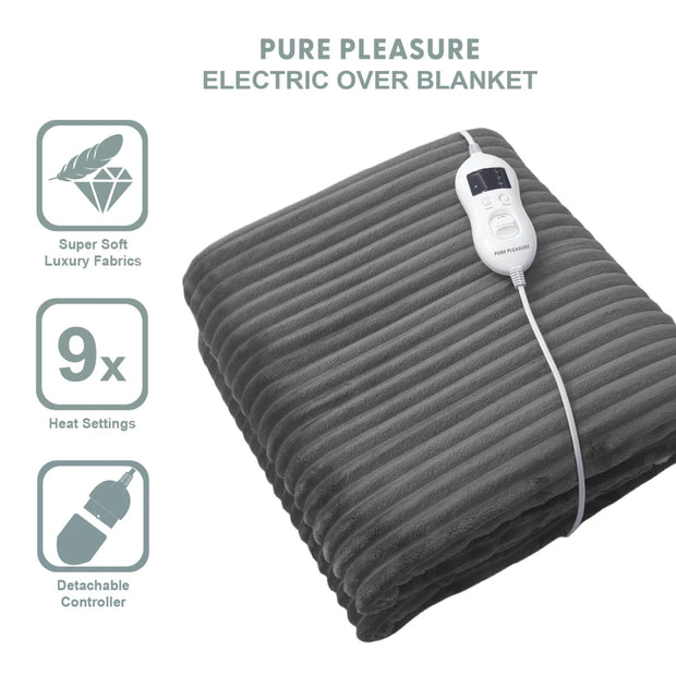 Pure Pleasure PHP006 Striped Grey Flannel Fleece Heated Throw Overblanket with Digital Controller.