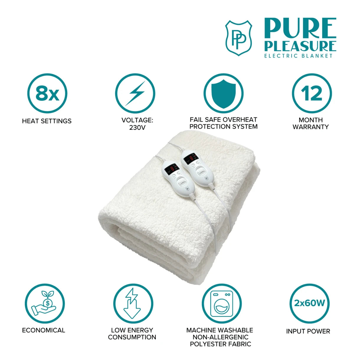 Pure Pleasure Fullfit Sherpa Fleece Electric Blanket With Elastic