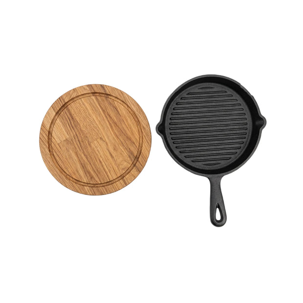 Totai 25cm round ribbed cast iron grill pan with natural wooden serving base