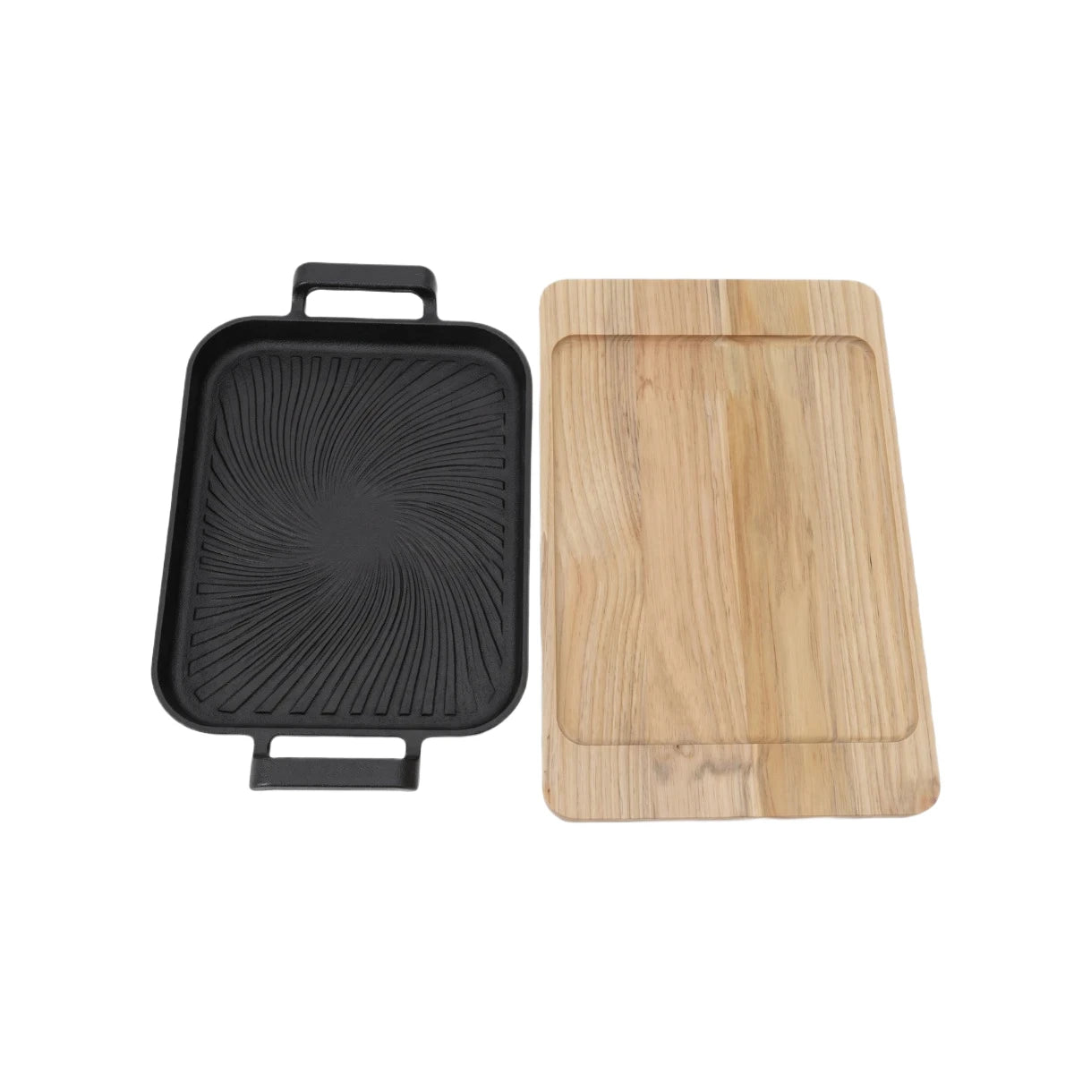 Totai Sizzle Master cast iron steak pan with natural wooden serving tray on white background