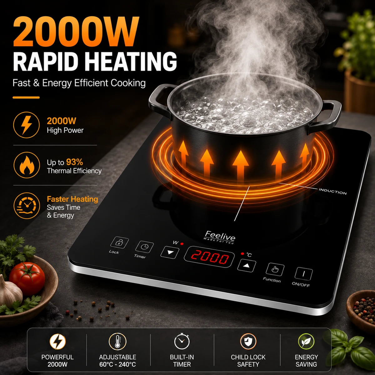 Feelive 2000W SIngle Portable Induction Cooktop Touch Control Black