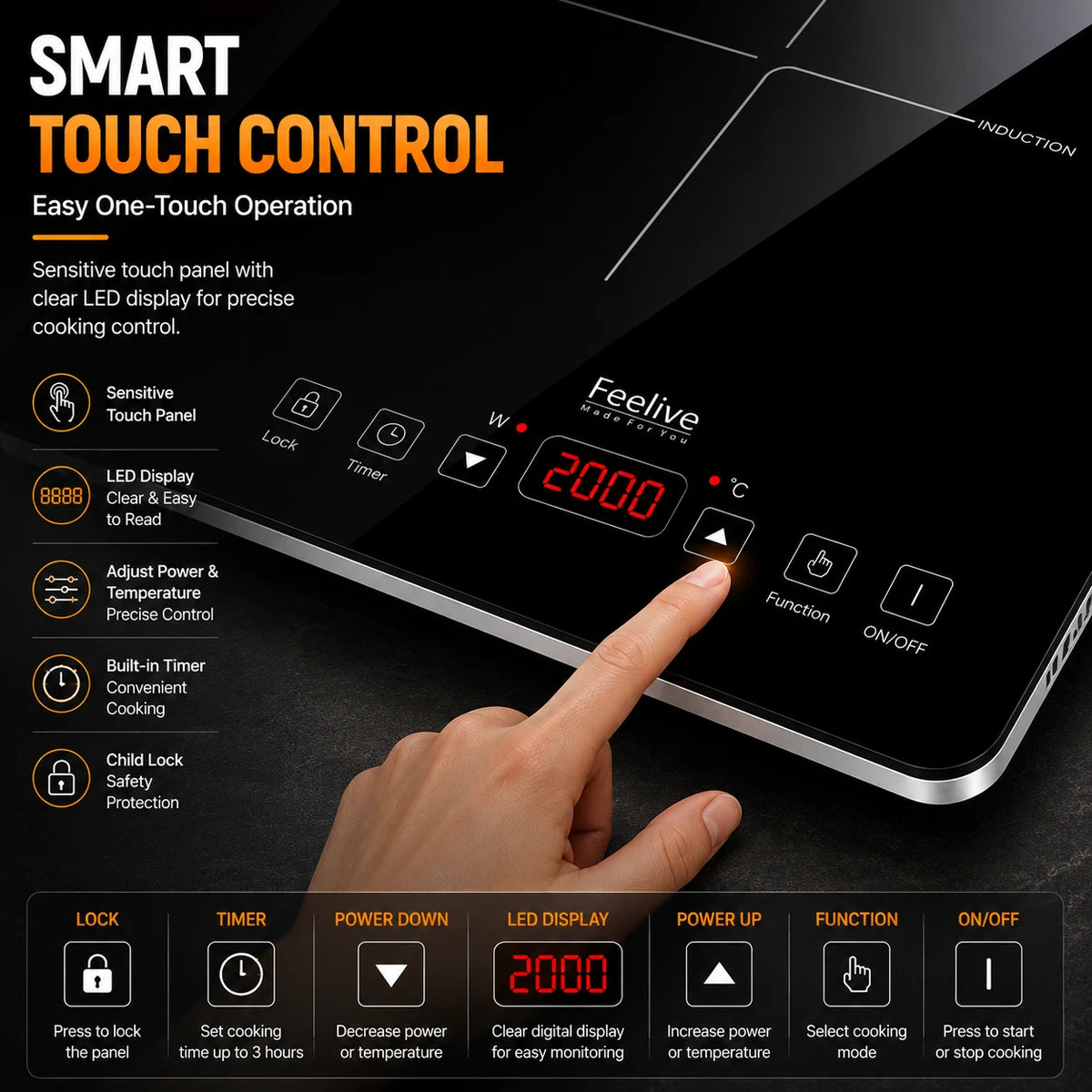 Feelive 2000W SIngle Portable Induction Cooktop Touch Control Black